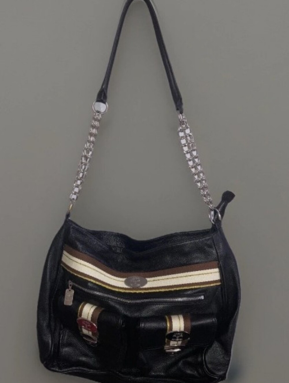 Christine Price Black Shoulder Bag with Striped Accent and Chain Strap
